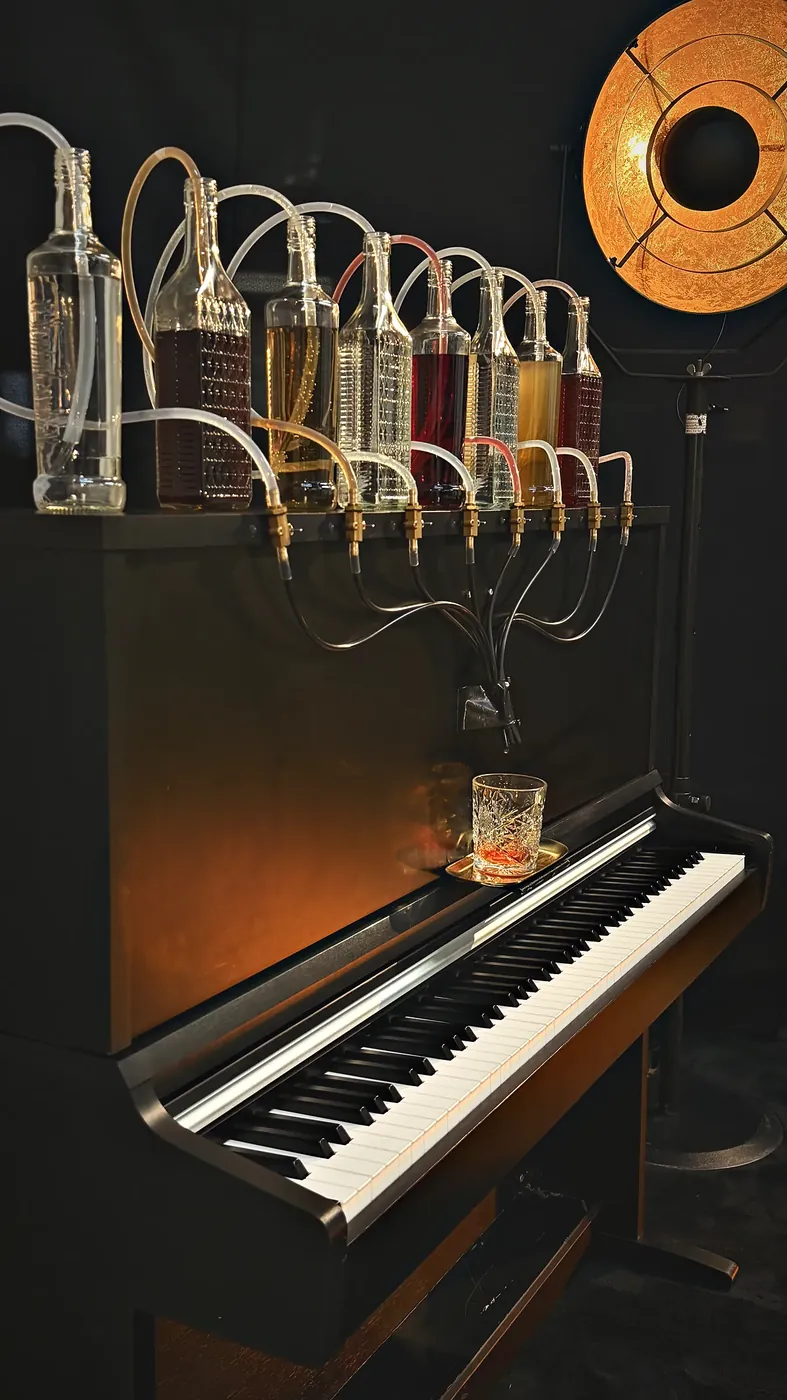 Bouteilles de cristal reliées au verre du Pianocktail
